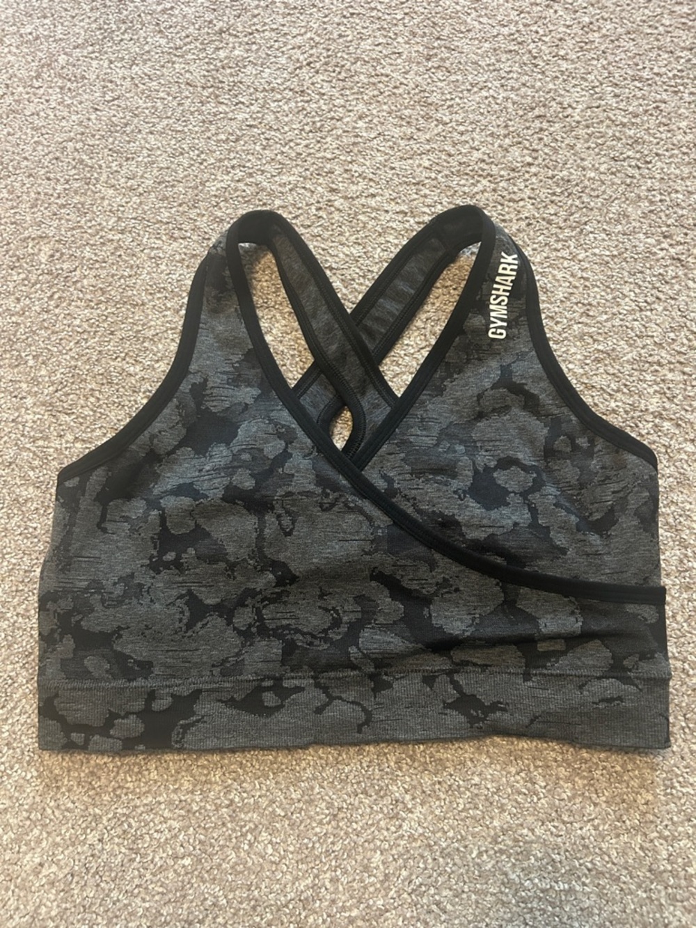 Gymshark Black & Gray Camo Cross-Back Sports Bra